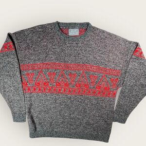 Vtg Le Tigre Knit Grandpa Sweater Men XL Pullover Red Gray Abstract Retro USA